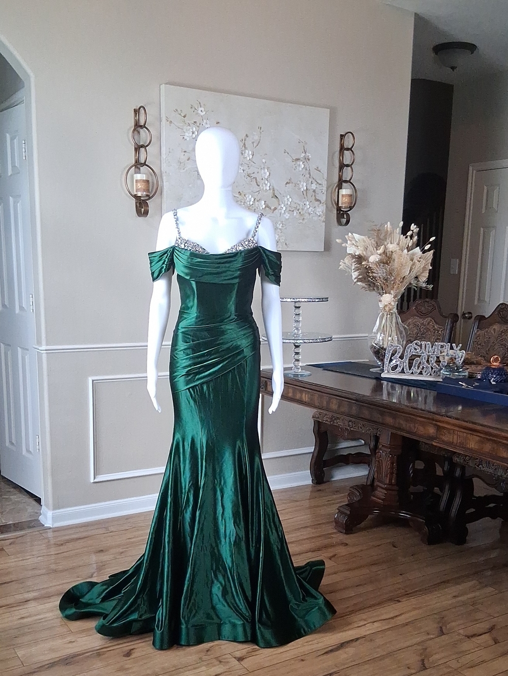 Women's Formal Glam Green Cowl Neck Sweep Train Gown Crystals Straps Small - Picture 3 of 16